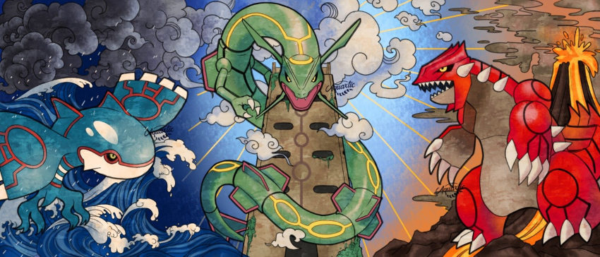 aquaxtic, artist_name, blue_sky, clouds, commentary, english_commentary, groudon, highres, kyogre, lava, looking_at_viewer, no_humans, pokemon, pokemon_(creature), pokemon_focus, pokemon_ruby/sapphire/emerald, rayquaza, sky, smoke, sunlight, volcano, water, waves, yellow_eyes