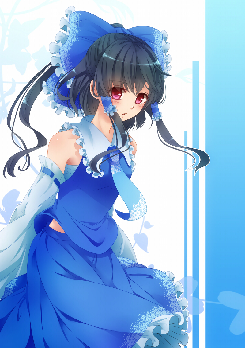 alternate_color, armpits, bandage, bandages, black_hair, blue, blush, bow