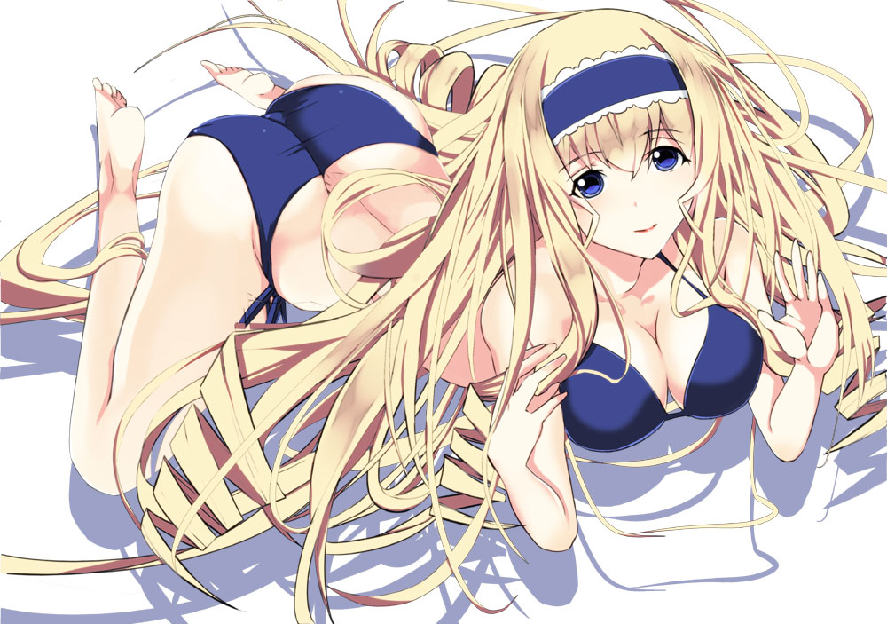ass, bad_anatomy, bad_id, barefoot, bikini, blonde_hair, blue_eyes, breasts