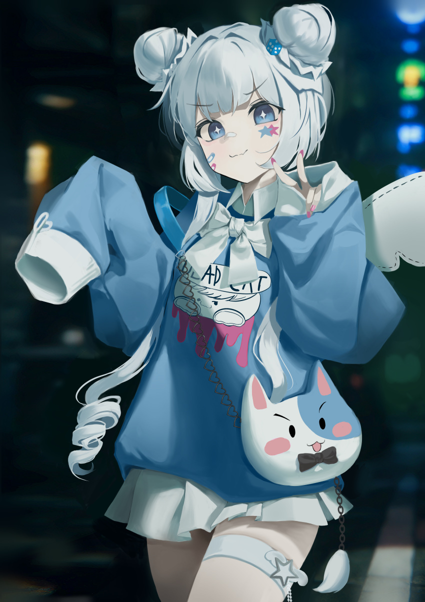 +_+, 1girl, :3, absurdres, animal_bag, bag, bandaid, bandaid_on_cheek, bandaid_on_face, blue_eyes, blue_hoodie, blurry, blurry_background, bow, bowtie, cat_bag, closed_mouth, commentary, cowboy_shot, double_bun, drill_hair, facial_mark, fingernails, gosegu, grey_hair, hair_bun, hair_ornament, hands_up, highres, hood, hood_down, hoodie, isegye_idol, long_hair, long_sleeves, looking_at_viewer, mikiri, nail_polish, night, official_alternate_costume, pink_nails, pleated_skirt, shirt, shoulder_bag, sidelocks, skirt, sleeves_past_fingers, sleeves_past_wrists, smile, solo, star_(symbol), star_facial_mark, thigh_strap, v, v-shaped_eyebrows, virtual_youtuber, waktaverse, white_bow, white_bowtie, white_skirt, wings