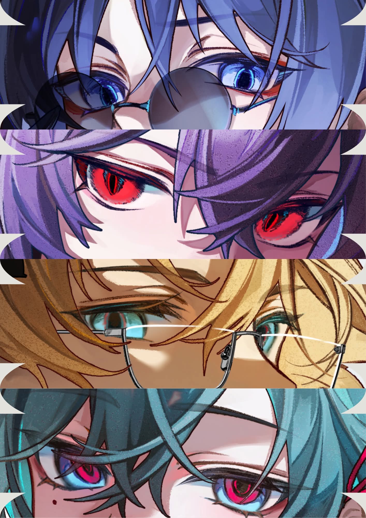 4boys, albedo_(genshin_impact), blonde_hair, blue_eyes, blue_hair, crossed_bangs, durin_(genshin_impact), eye_focus