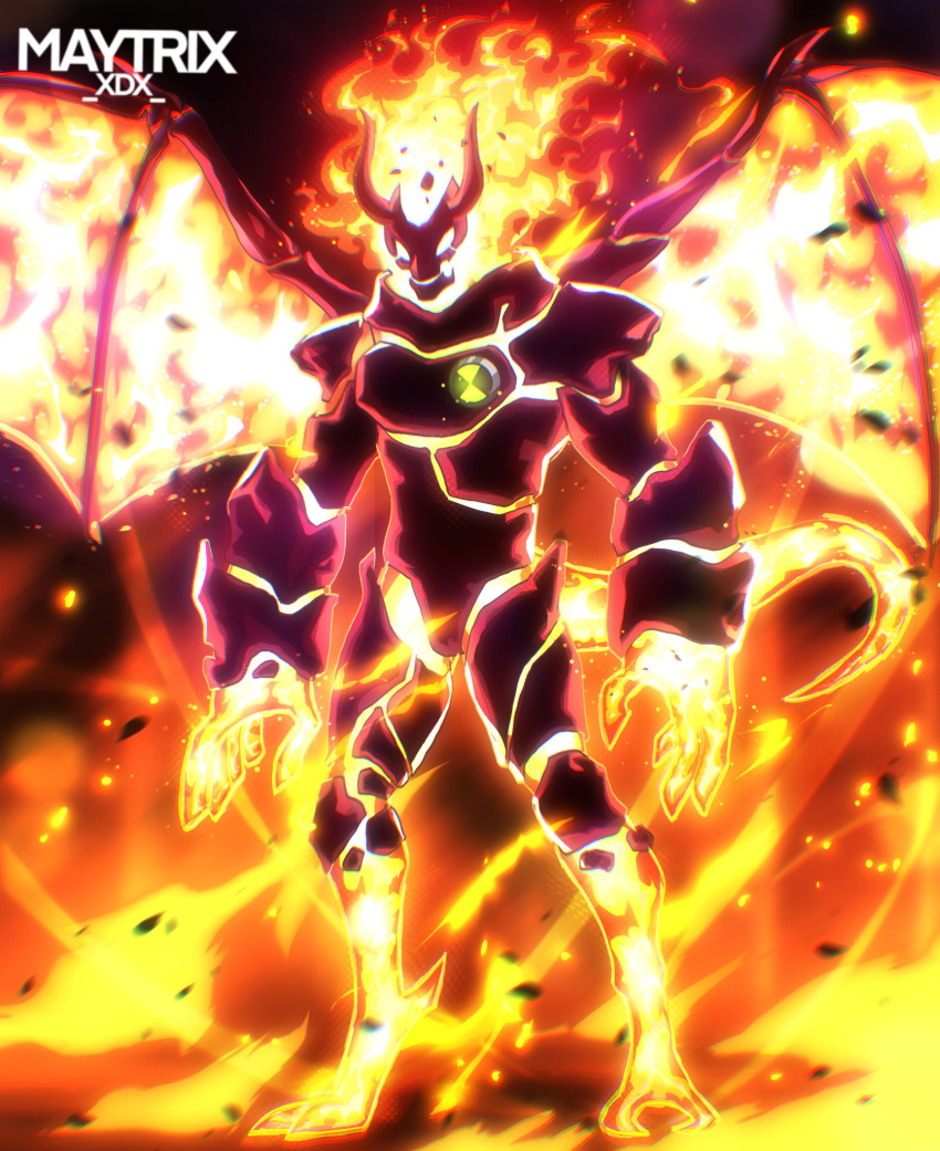 1boy, alien, artist_name, ben_10, clawed_feet, cracked_skin, demon_horns, demon_wings