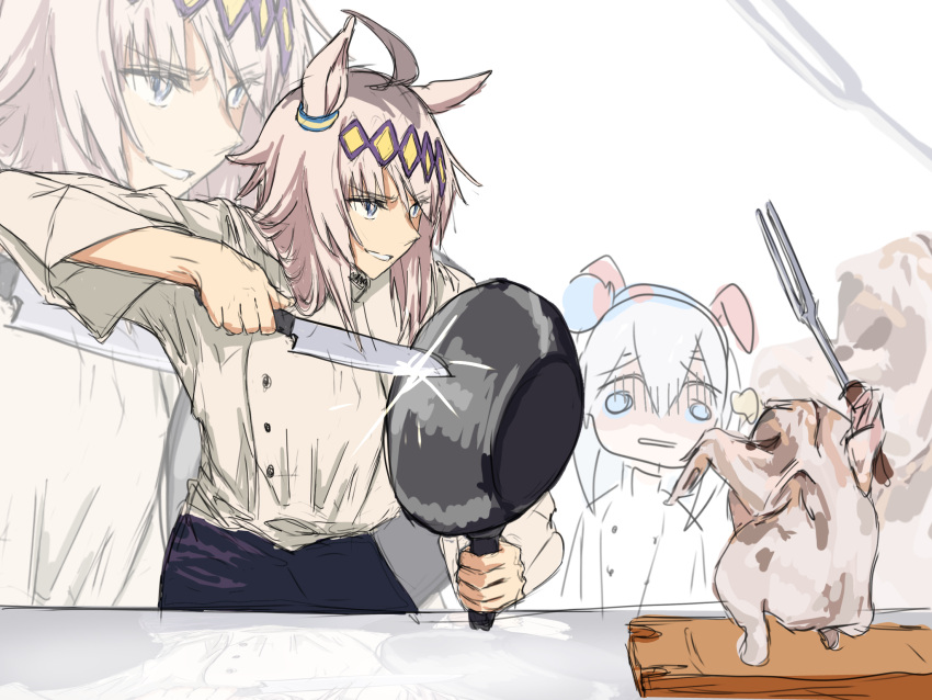 2girls, ahoge, bandeusi!_madinneun_yorireul_haenaegetsseumnida_(meme), black_pants, blue_eyes, blue_hairband, carving_fork, chicken_(food)