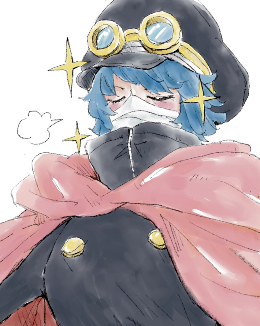 1girl, black_hat, black_jacket, blue_hair, blush, cape, closed_eyes, commentary_request