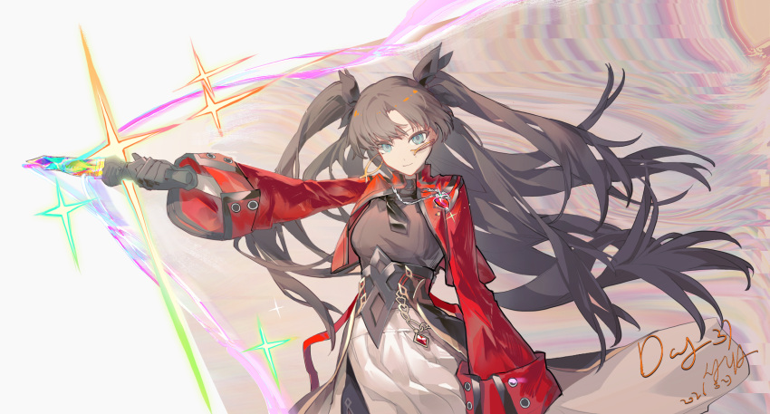 1girl, black_gloves, blue_eyes, brown_hair, earrings, fate/stay_night, fate_(series), gloves