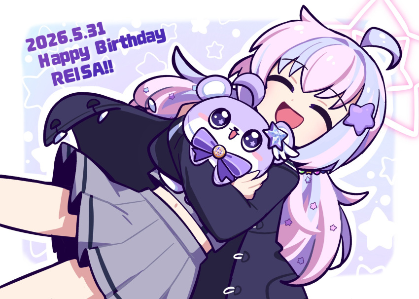 1girl, ahoge, black_jacket, blue_archive, blue_hair, character_name, closed_eyes, english_text