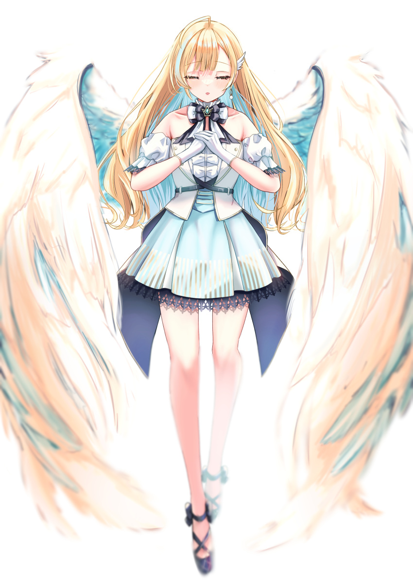 1girl, absurdres, aqua_skirt, bare_shoulders, black_bow, black_bowtie, black_shoes, blonde_hair