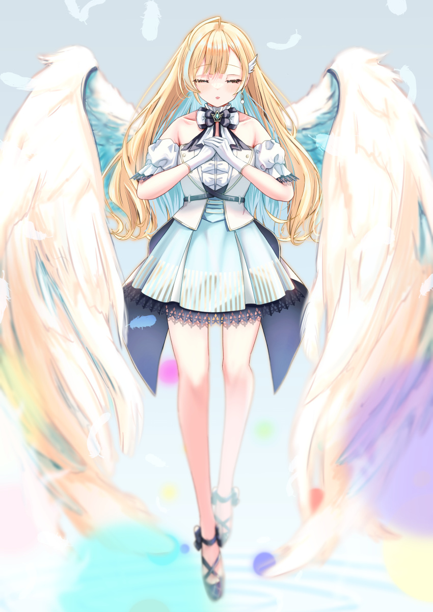 1girl, absurdres, aqua_skirt, bare_shoulders, black_bow, black_bowtie, black_shoes, blonde_hair