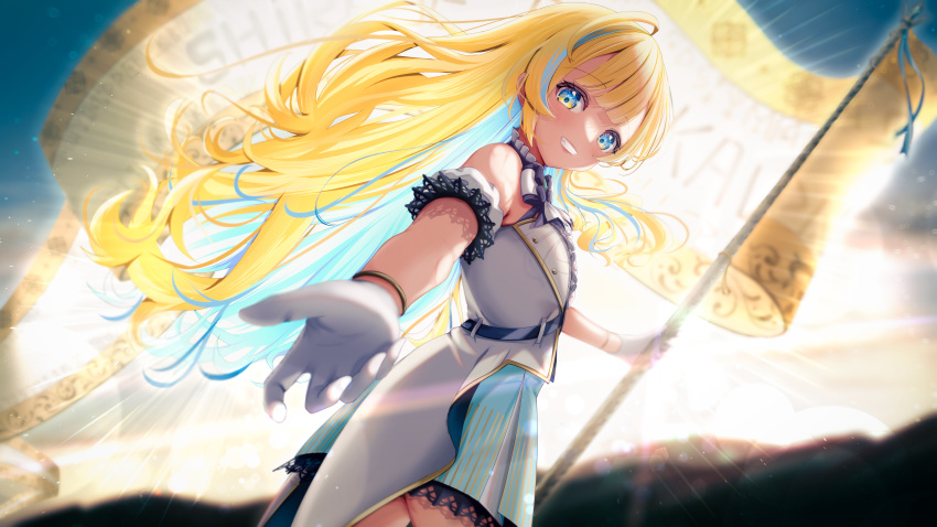 1girl, absurdres, aqua_skirt, backlighting, bare_shoulders, black_bow, black_bowtie, blonde_hair