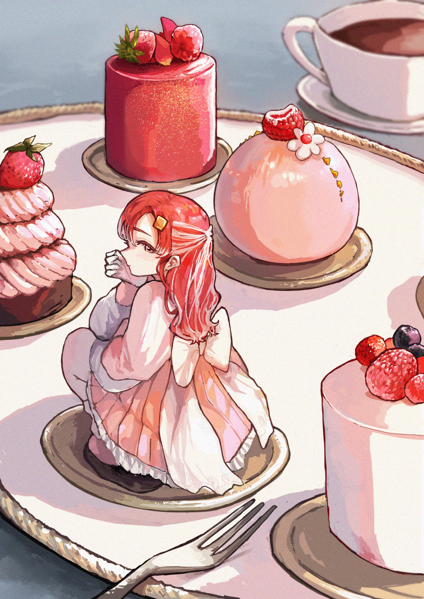 1girl, absurdres, cupcake, food, fork, fruit, highres, long_hair