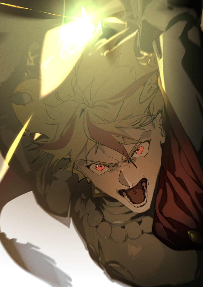 1boy, absurdres, ahoge, armor, blonde_hair, braid, braided_ponytail, cape, fate/strange_fake, fate_(series), glowing, glowing_sword, glowing_weapon, highres, holding, holding_sword, holding_weapon, houwashiteiru, long_hair, looking_at_viewer, male_focus, multicolored_hair, open_mouth, red_eyes, red_streaks, richard_i_(fate), single_braid, solo, streaked_hair, sword, upper_body, weapon