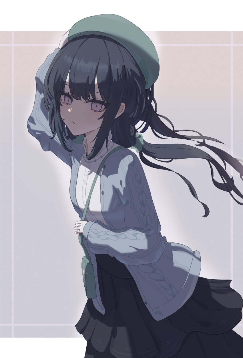 1girl, absurdres, bag, black_hair, black_skirt, blue_cardigan, book_off, cardigan