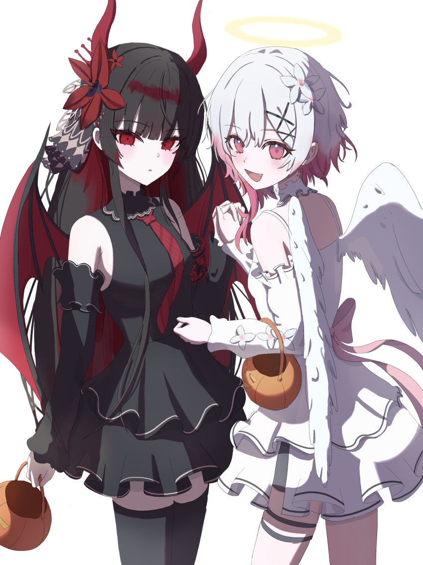 2girls, absurdres, alternate_costume, angel, angel_wings, armband, bat_wings, black_dress