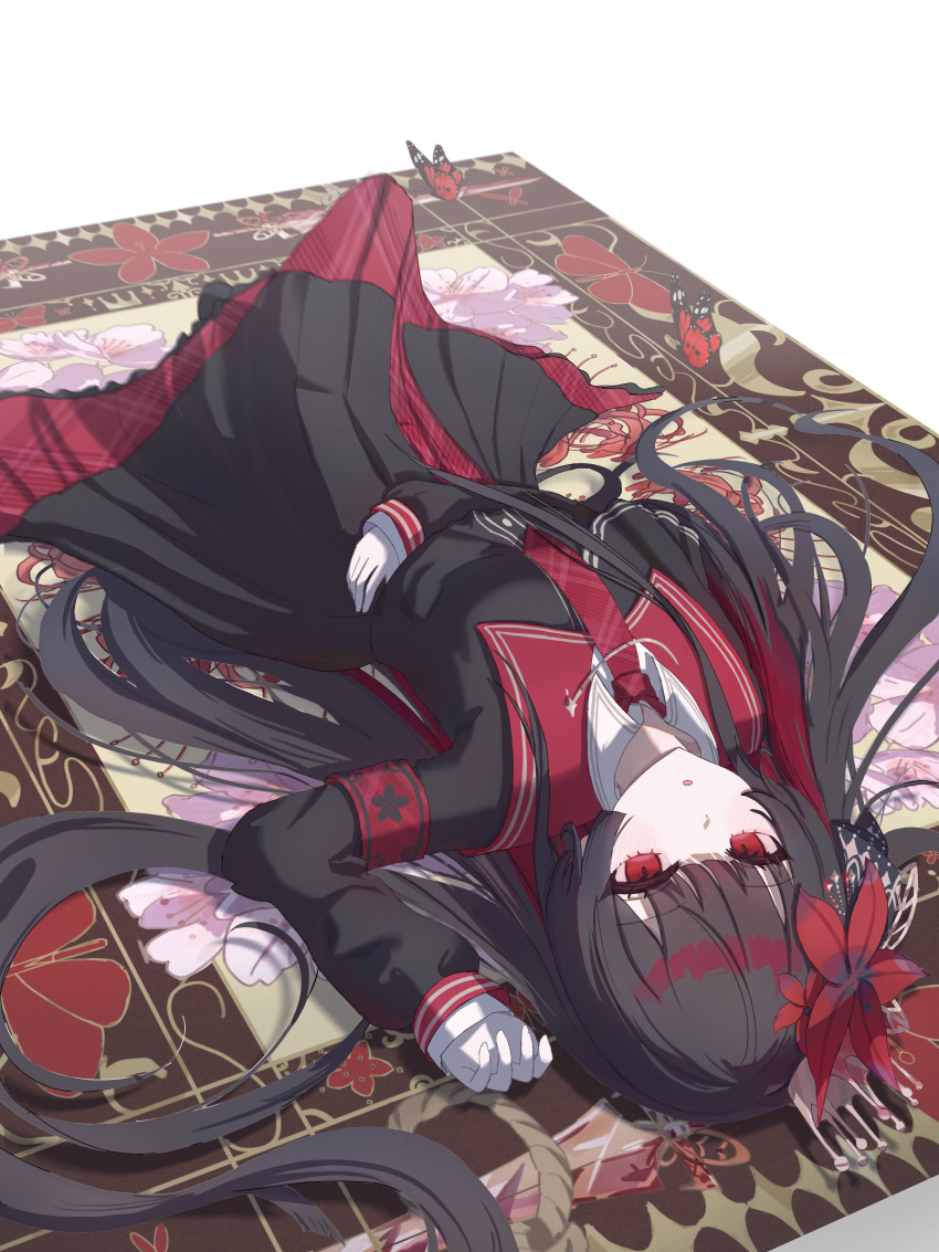 1girl, absurdres, armband, black_hair, black_shirt, black_skirt, bug, butterfly