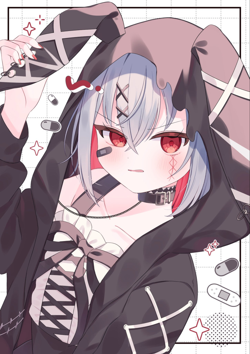 1girl, animal_hood, bandaid, bandaid_on_face, black_choker, black_jacket, budou_913, choker