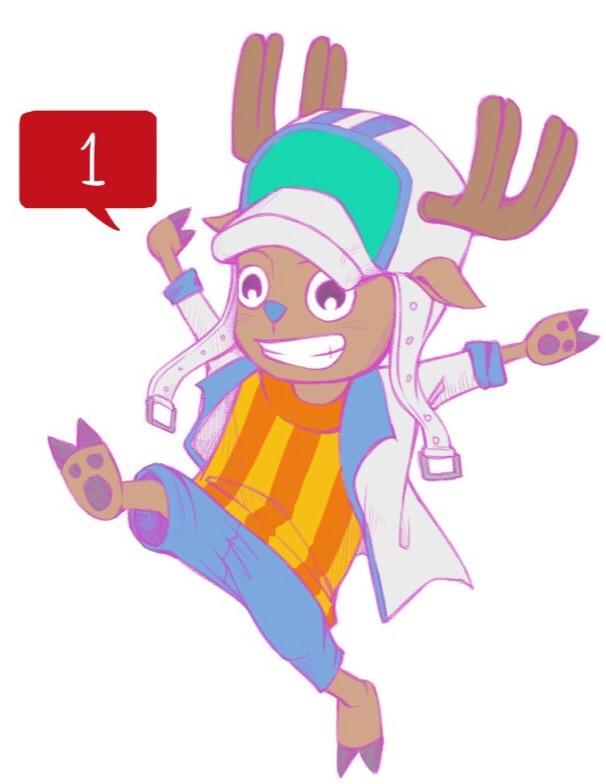 1boy, aejooart, arms_up, blue_nose, blue_shorts, blush, clenched_teeth, coat, commentary, english_commentary, hat, male_focus, marine_uniform_(one_piece), numbered, one_piece, shirt, shorts, simple_background, smile, solo, striped_clothes, striped_shirt, teeth, tony_tony_chopper, vertical-striped_clothes, vertical-striped_shirt, white_background
