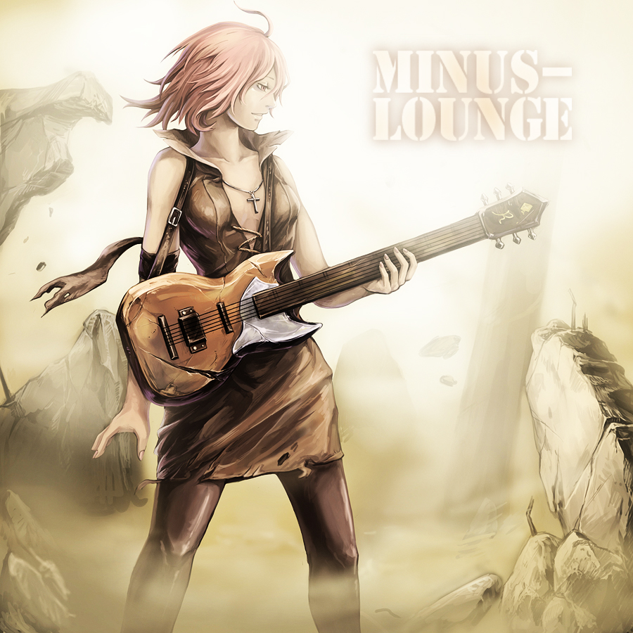 bandage, brown_legwear, cross, dress, english, fingernails, flcl, guitar, instrument, jewelry, miniskirt, nail_polish, necklace, no_bra, open_mouth, original, pantyhose, pink_hair, rebell, ruins, short_hair, skirt, sleeveless, solo, text, torn_clothes, unbuttoned, wind, yellow_eyes