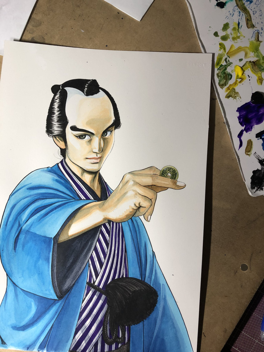 1boy, between_fingers, black_hair, blue_haori, blue_kimono, brown_eyes, chonmage, coin