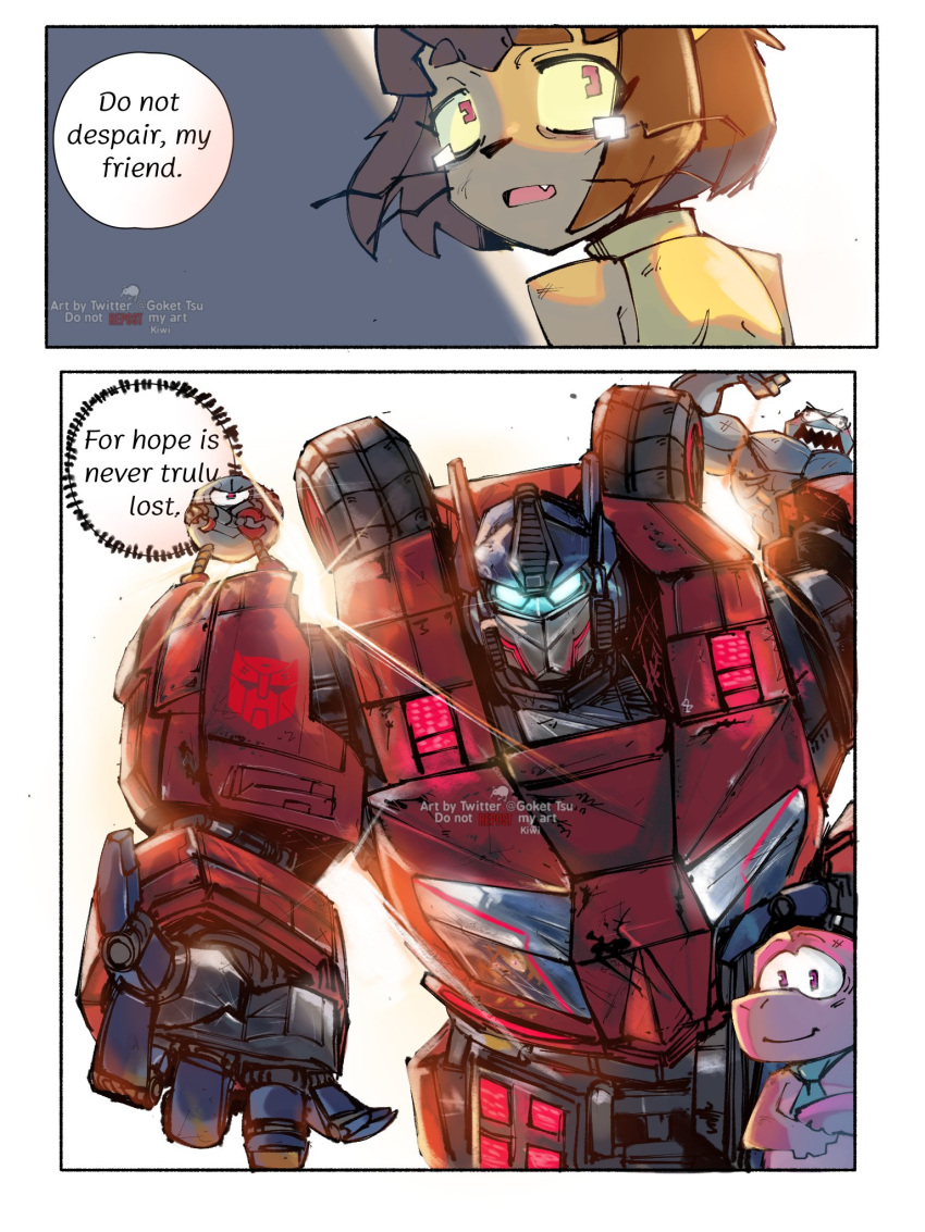 animal_nose, autobot, blue_eyes, blue_necktie, brown_hair, commentary, crossed_arms, english_commentary