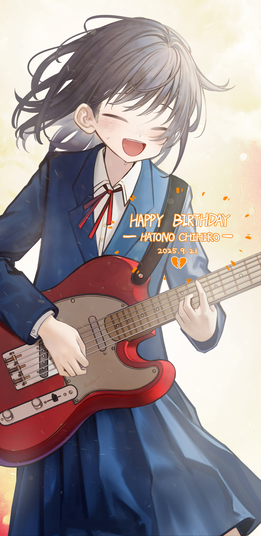 1girl, :d, absurdres, blazer, blue_jacket, blue_skirt, character_name, closed_eyes