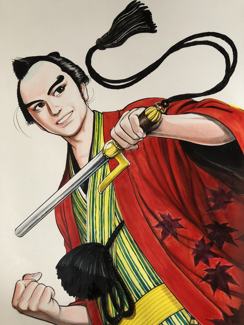 1boy, black_hair, brown_eyes, chonmage, clenched_hand, dutch_angle, green_kimono, grin