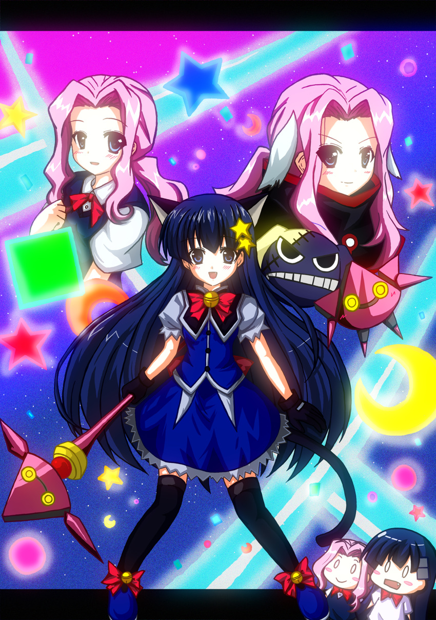 animal_ears, bell, bow, cat_ears, cat_tail, chibi, darry_adai, dress, dual_persona, fang, hair_ornament, hairclip, highres, kiyal, kiyalunga, long_hair, magical_girl, maron_(071103), pink_hair, purple_hair, staff, tail, tengen_toppa_gurren_lagann, tengen_toppa_gurren_lagann:_parallel_works, thigh-highs, thighhighs