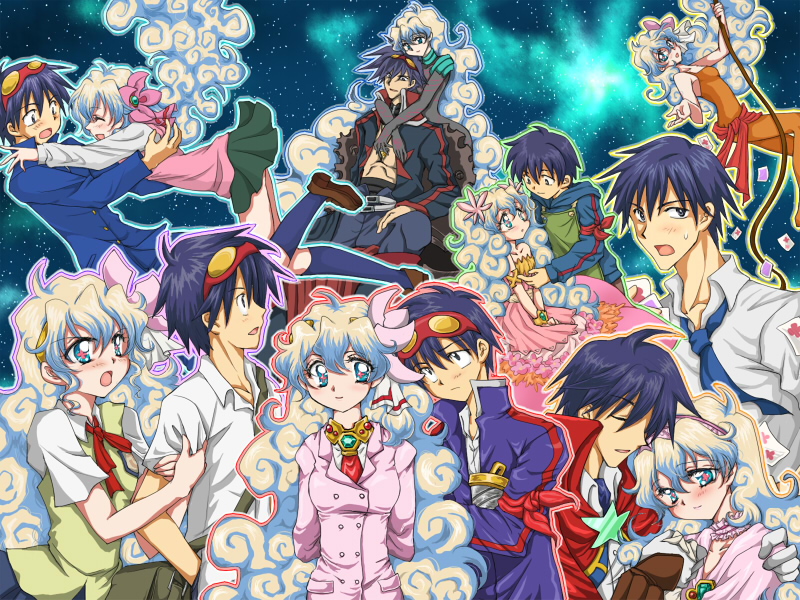 adult, antispiral_nia, arm_grab, blazer, blue_hair, chestnut_(artist), flower, goggles, goggles_on_head, hair_flower, hair_ornament, hug, hug_from_behind, multicolored_hair, multiple_persona, necktie, nia_teppelin, school_uniform, simon, skirt, tengen_toppa_gurren_lagann, tengen_toppa_gurren_lagann:_parallel_works, two-tone_hair, young