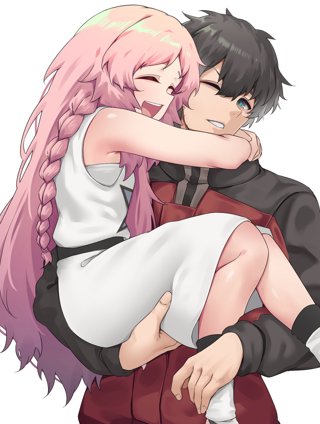 1boy, 1girl, :d, ;d, adachi_t_(xadachit), bare_shoulders, black_hair, blue_eyes