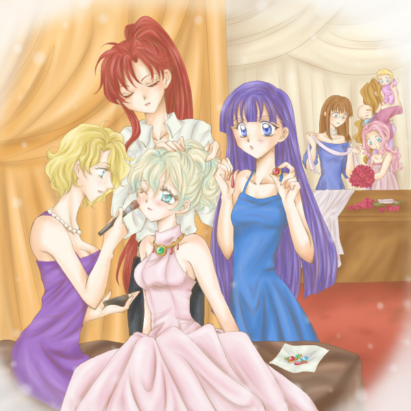 6+_girls, anne_(ttgl), baby, bare_shoulders, blonde_hair, blue_eyes, brown_hair, chestnut_(artist)