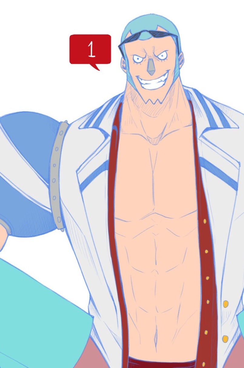 1boy, abs, aejooart, blue_hair, buzz_cut, clenched_teeth, commentary, english_commentary
