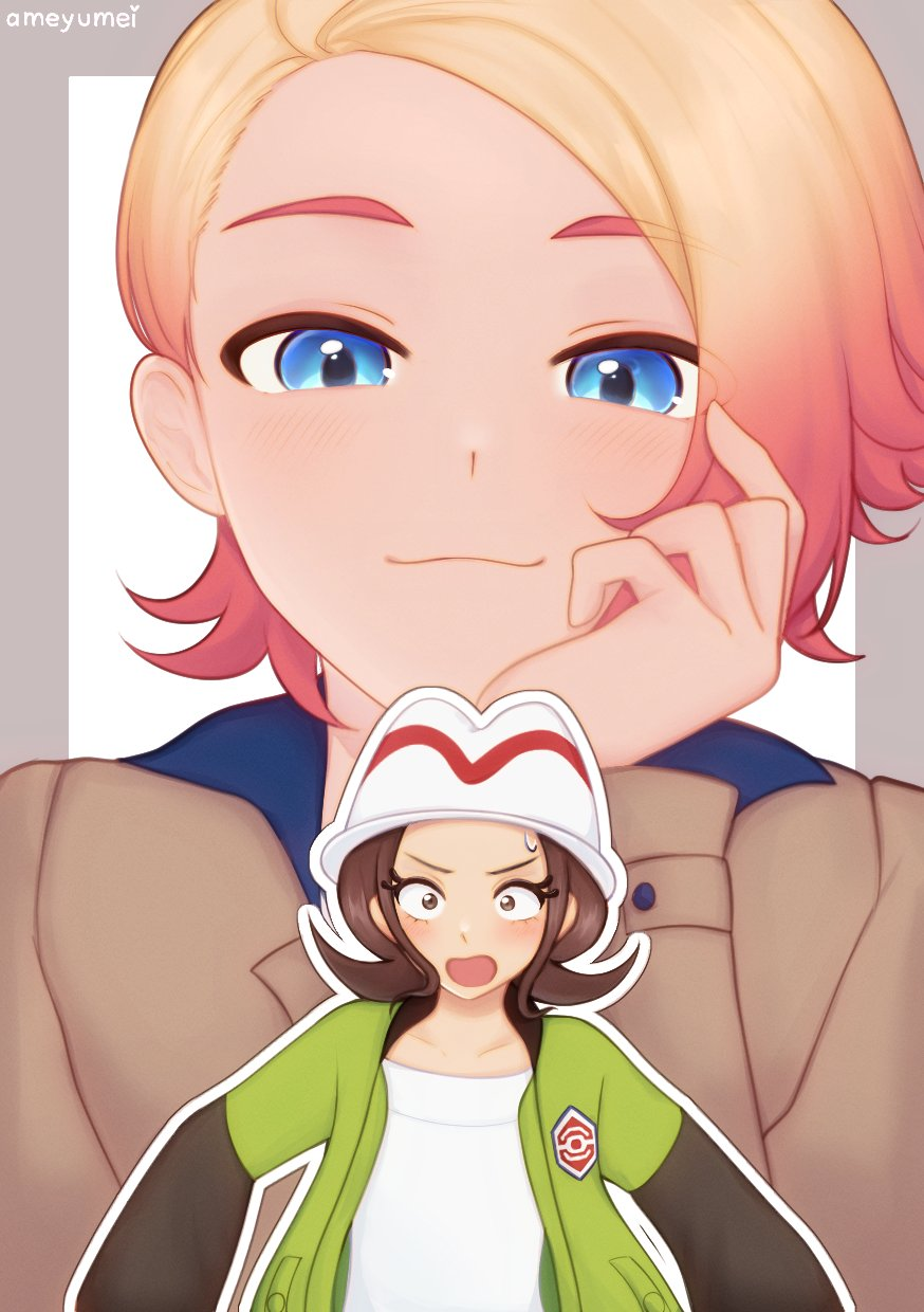 1boy, 1girl, ameyumei, blonde_hair, blue_eyes, brown_hair, brown_jacket, closed_mouth