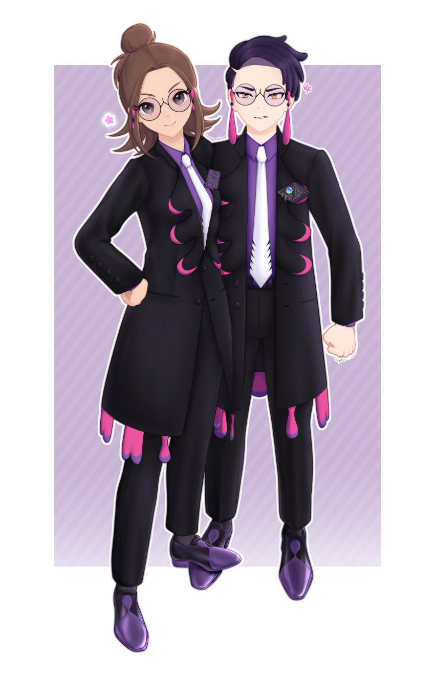1boy, 1girl, absurdres, ameyumei, anger_vein, black_coat, black_hair, black_pants