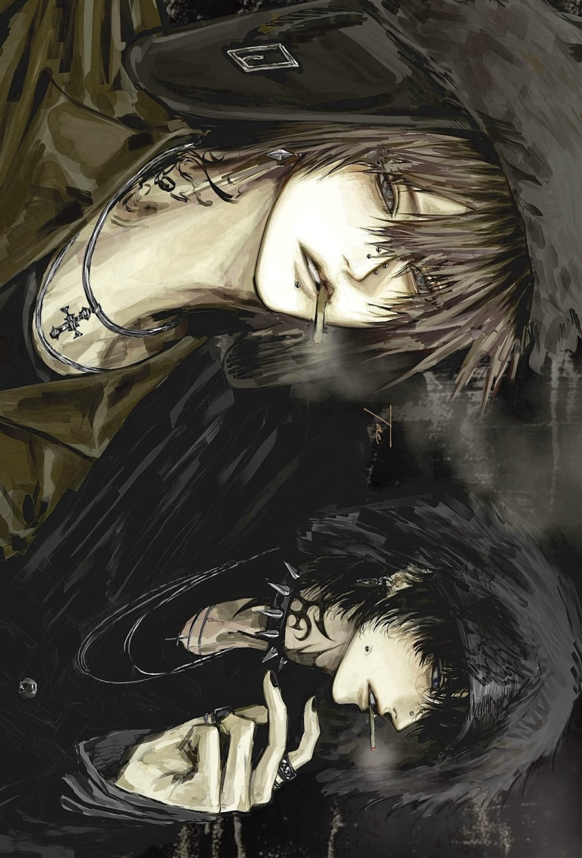 2boys, artist_name, black_collar, black_nails, bridge_piercing, brown_hair, cigarette, collar