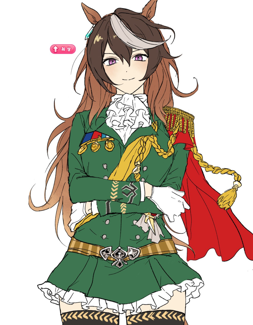 1girl, aiguillette, animal_ears, ascot, brown_hair, cape, chadol_c, closed_mouth