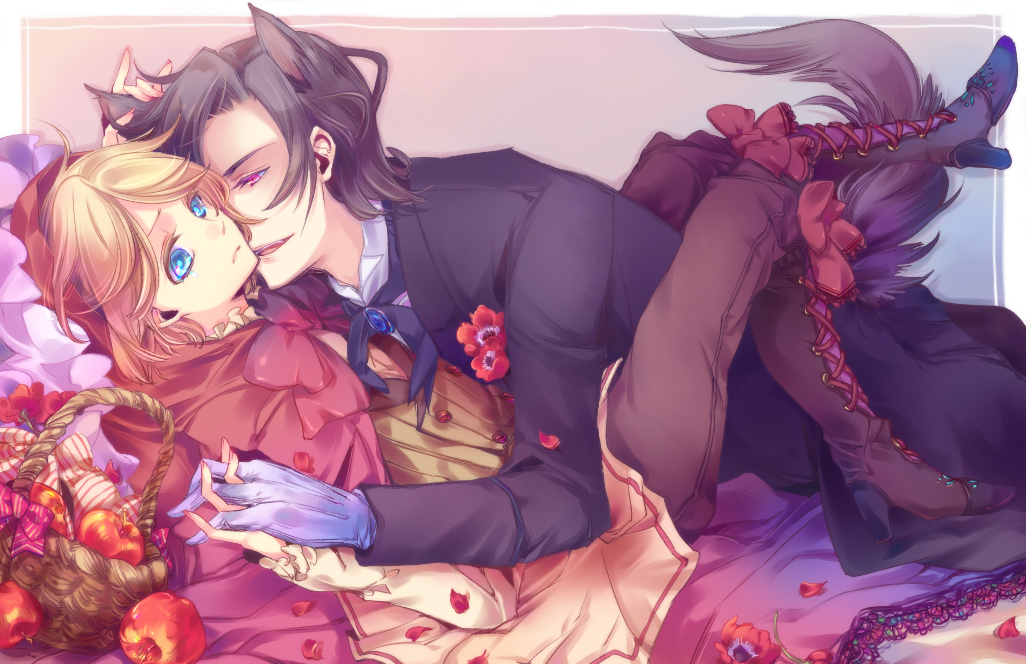 androgynous, animal_ears, apple, basket, bed, big_bad_wolf, big_bad_wolf_(grimm), black_butler