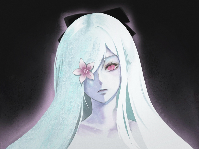 1girl, a1047, black_bow, bow, close-up, commentary, drag-on_dragoon, drag-on_dragoon_3, flower, flower_over_eye, hair_bow, hair_ornament, highres, long_hair, looking_at_viewer, lunar_tear, red_eyes, solo, white_hair, zero_(drag-on_dragoon)