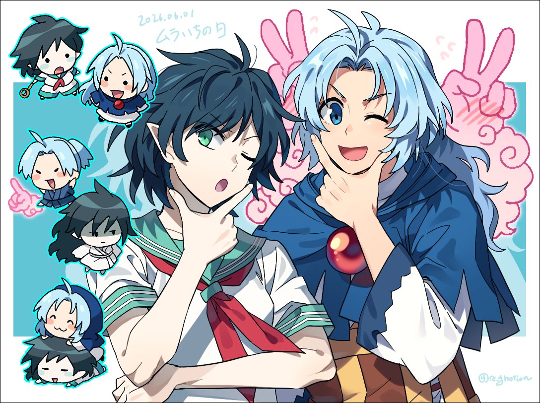 1boy, 2girls, :3, blue_eyes, blue_hair, buddhist_nun, chibi, commentary_request