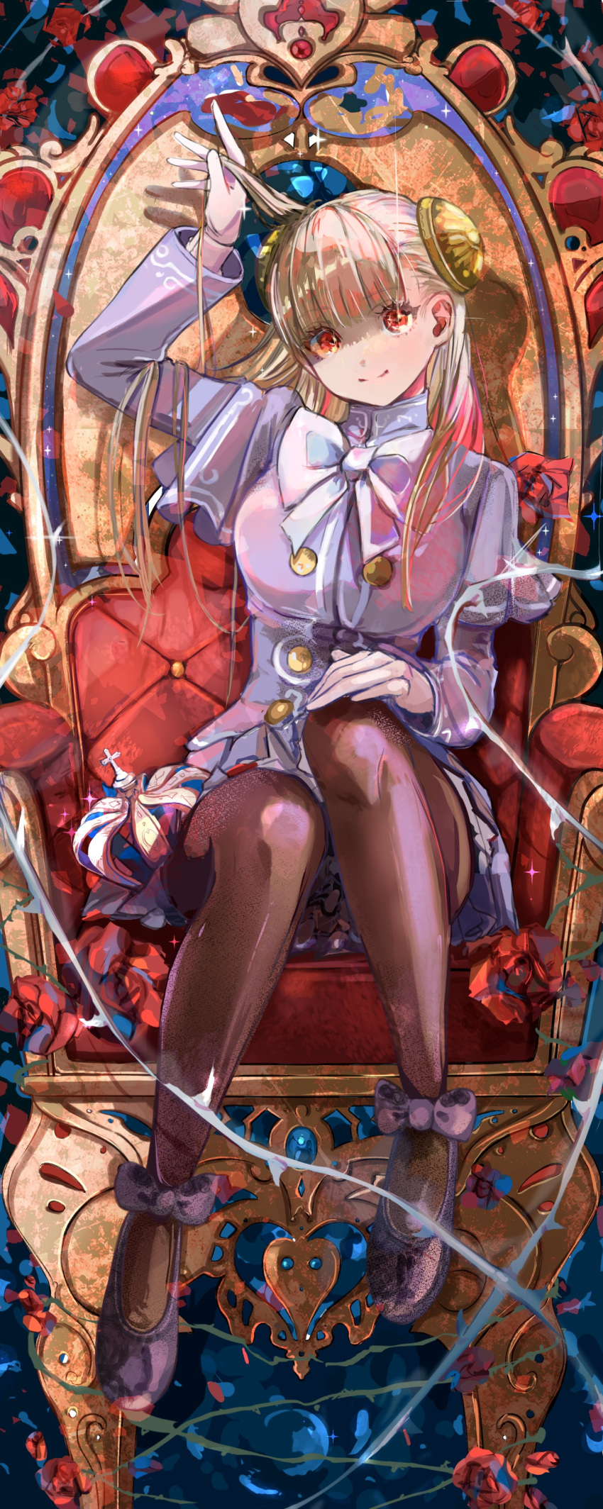 1girl, absurdres, arm_up, black_shoes, blonde_hair, blue_skirt, bow, breasts