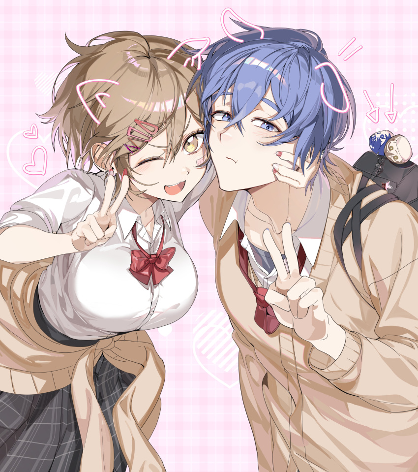 123jiye007711, 1boy, 1girl, absurdres, bag, blue_eyes, blue_hair, brown_cardigan