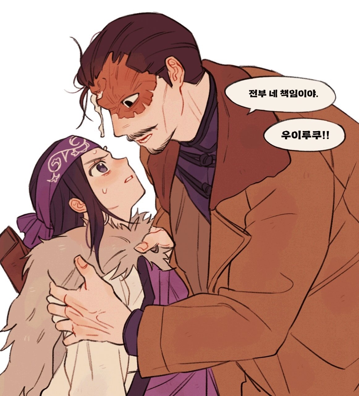 1boy, 1girl, asirpa, beard, black_hair, commentary_request, facial_hair, golden_kamuy