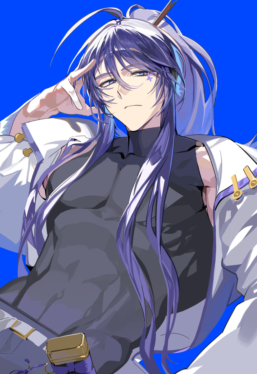 123jiye007711, 1boy, absurdres, ahoge, black_shirt, blue_background, blue_eyes, closed_mouth, commentary, compression_shirt, cropped_jacket, facial_mark, highres, jacket, kamui_gakupo, long_hair, long_sleeves, male_focus, ponytail, purple_hair, shirt, solo, untranslatable_commentary, very_long_hair, vocaloid, white_jacket