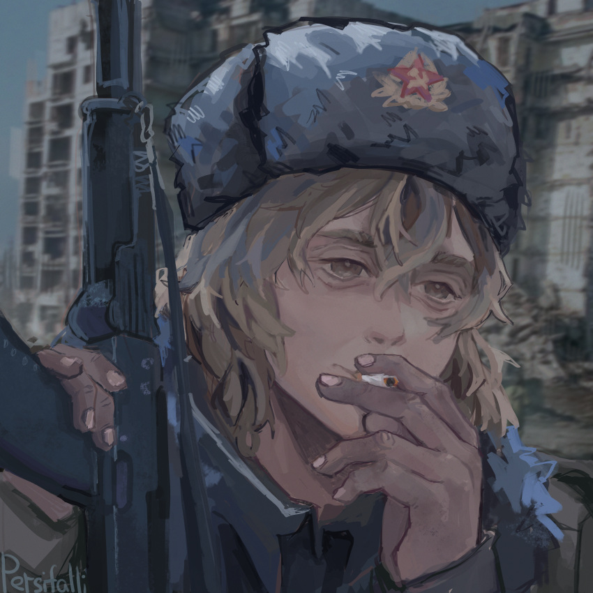 1girl, absurdres, ak-74m, artist_name, assault_rifle, blonde_hair, blurry, blurry_background