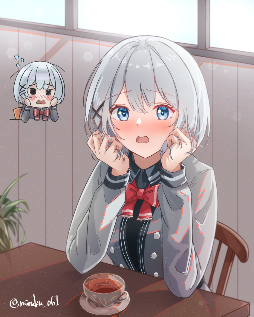 1girl, absurdres, black_shirt, blue_eyes, blush, bow, bowtie, breasts