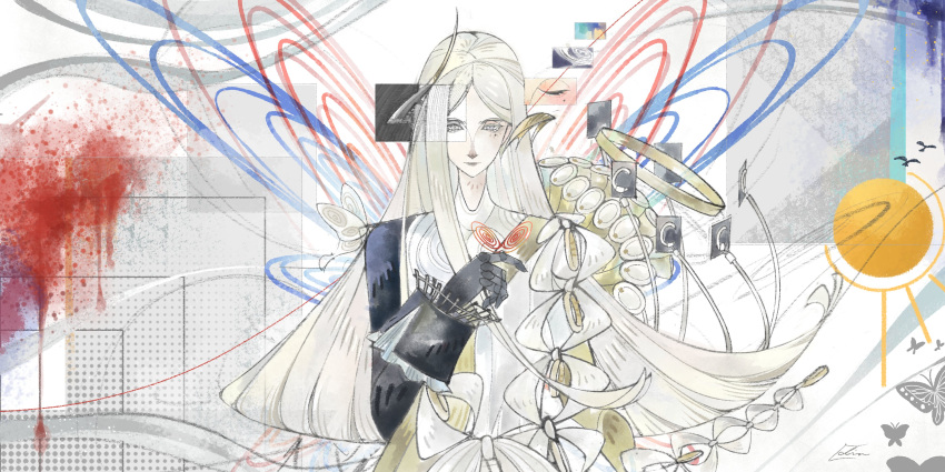 1girl, abstract_background, absurdres, black_gloves, closed_mouth, gloves, grey_eyes, grey_hair