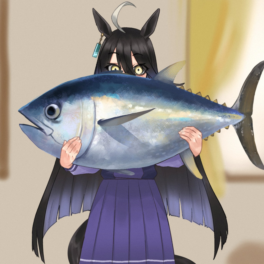 1girl, ahoge, animal, animal_ears, black_hair, bluefin_tuna, blurry, blurry_background