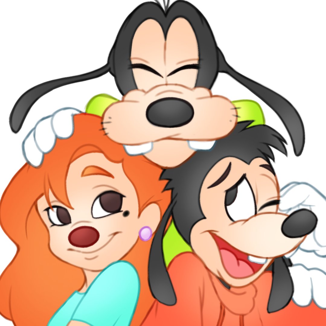 1girl, 2boys, a_goofy_movie, black_fur, black_hair, blue_shirt, closed_eyes, closed_mouth