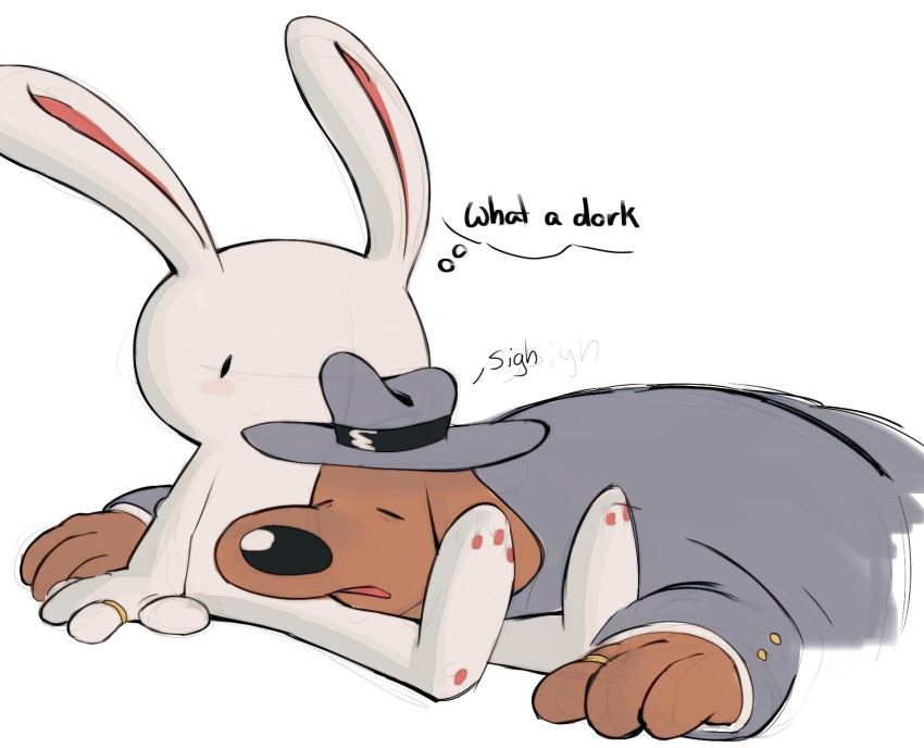 2boys, animal_ears, brown_fur, closed_eyes, dog_boy, dog_ears, english_text, floppy_ears, furry, furry_male, grey_hat, grey_suit, hat, highres, looking_at_another, lying, male_focus, max_(sam_&amp;_max), multiple_boys, on_lap, open_mouth, pawpads, rabbit_boy, rabbit_ears, sam_&amp;_max, sam_(sam_&amp;_max), speech_bubble, suit, thought_bubble, vestigialbones, white_background, white_fur