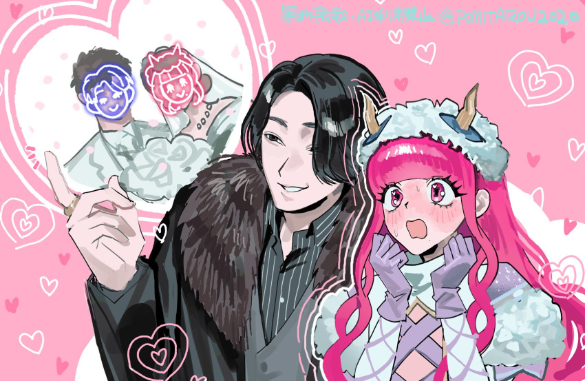 1boy, 1girl, artist_name, black_hair, black_jacket, black_shirt, boquet_(super_sentai), bridal_veil, collar, collared_jacket, collared_shirt, commentary_request, dress, flower, fur-trimmed_jacket, fur_hat, fur_trim, gloves, hat, heart, highres, horns, jacket, kuon_(super_sentai), long_hair, long_sleeves, mole, mole_under_mouth, no.1_sentai_gozyuger, open_mouth, pink_background, pink_eyes, pink_hair, pomitarou2020, purple_gloves, shirt, smile, striped_clothes, striped_shirt, suit, super_sentai, sweatdrop, upper_body, veil, wavy_hair, wedding_dress, wedding_suit, white_flower, white_veil