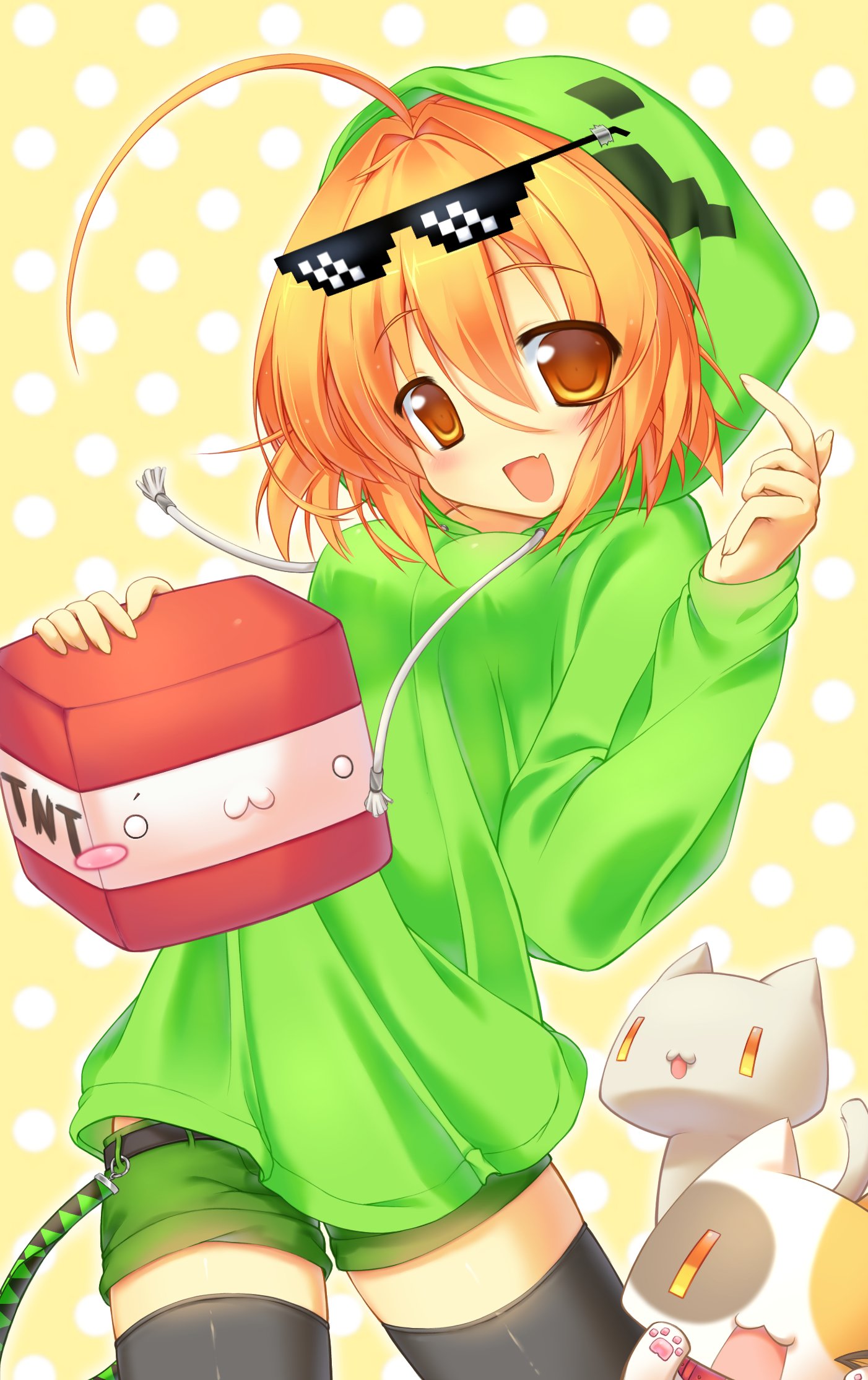 1girl, 2000s_(style), ahoge, belt, black_thighhighs, blush, blush_stickers, calico_(pattern), calico_cat, cat, commentary, creeper, creeper_hood, english_commentary, explosive, eyewear_on_head, fang, green_belt, green_hoodie, green_shorts, highres, hood, hoodie, minecraft, orange_eyes, orange_hair, personification, pixel_sunglasses, polka_dot, polka_dot_background, short_hair, short_shorts, shorts, solo, sunglasses, thigh-highs, tnt, tnt_block_(minecraft), toromipreschool, white_cat, yellow_background