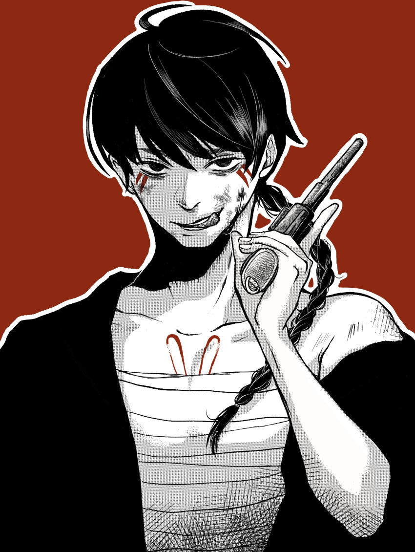 1boy, :q, bandaged_chest, braid, braided_ponytail, commentary_request, dadadasaaaaan, facial_mark, greyscale, greyscale_with_colored_background, gun, highres, holding, holding_gun, holding_weapon, male_focus, monochrome, nagao_muuton, nippon_sangoku, off_shoulder, ponytail, red_background, revolver, single_braid, solo, spot_color, tongue, tongue_out, upper_body, weapon